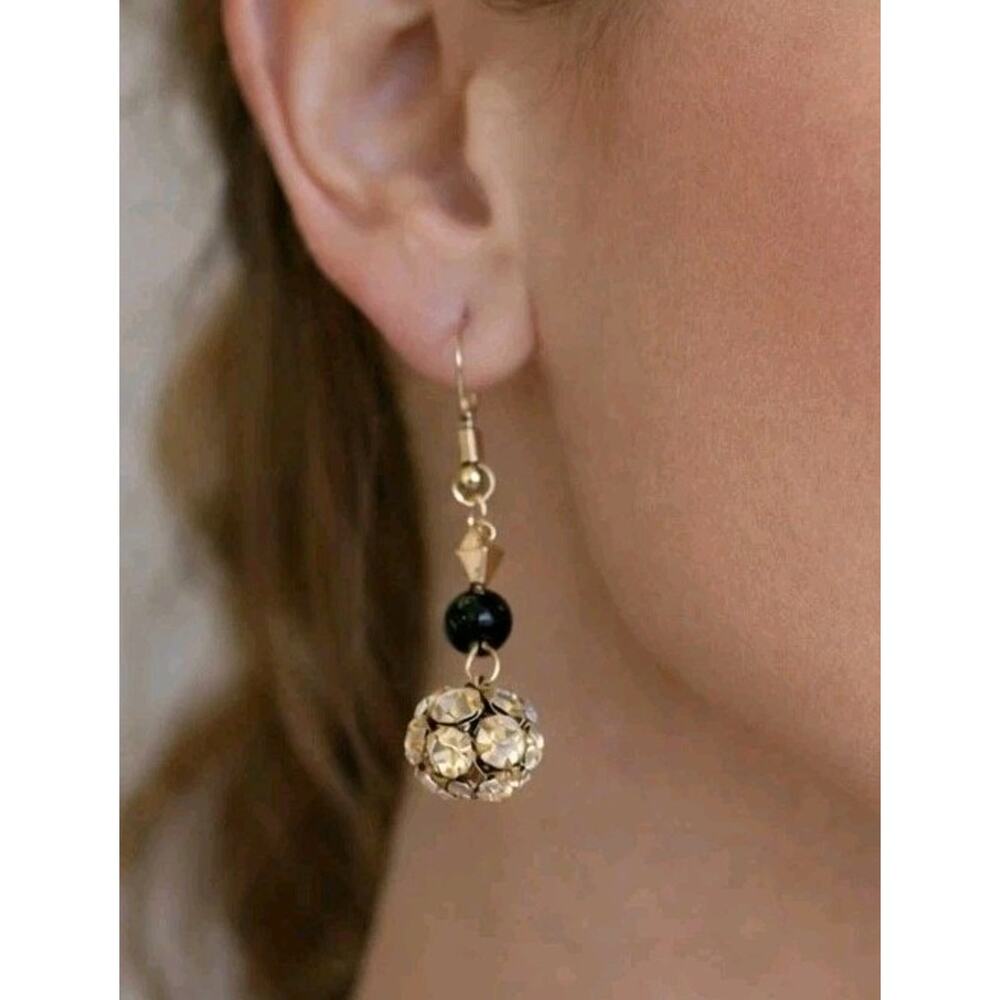 Vintage Black & White Rhinestone Dangle Pierced Earrings 2" Long‎ Lucite kp-24 - Picture 3 of 6